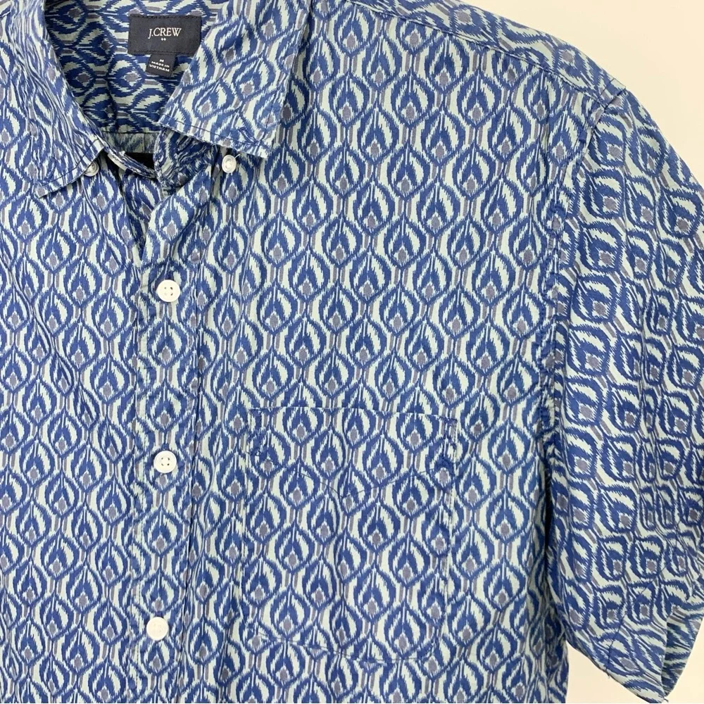 J Crew Men‎ Size Medium Shirt Short Sleeve Top Blue Gray Printed Stretch Flex